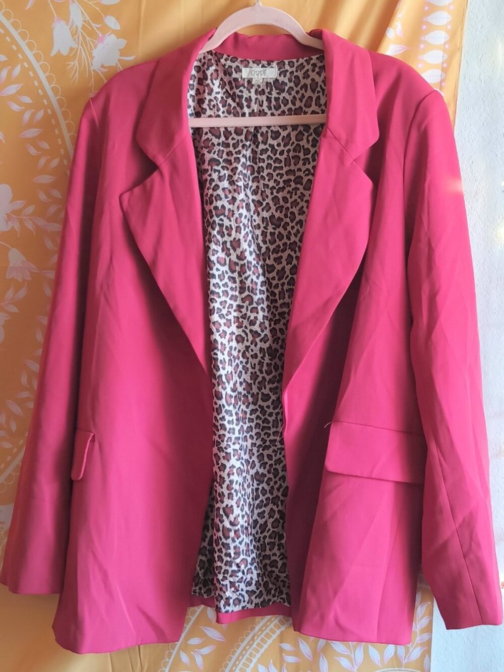 Oddy Hot Pink Open Deep V Neck Blazar with Silk Leopard Print Lining Size 3X
